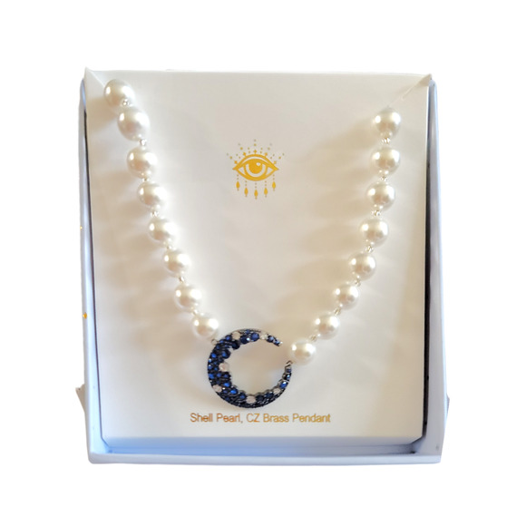 Eye Candy The Luxe Collection Blue and White CZ Moon Round Shell Pearls 18" - Picture 1 of 9